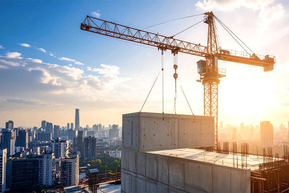 Kran hebt Betonblock im Sonnenuntergang