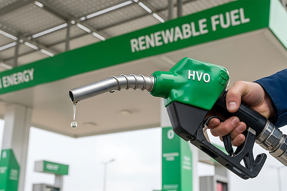 HVO-Zapfpistole an Tankstelle als Symbol für erneuerbaren Diesel im Fuhrpark