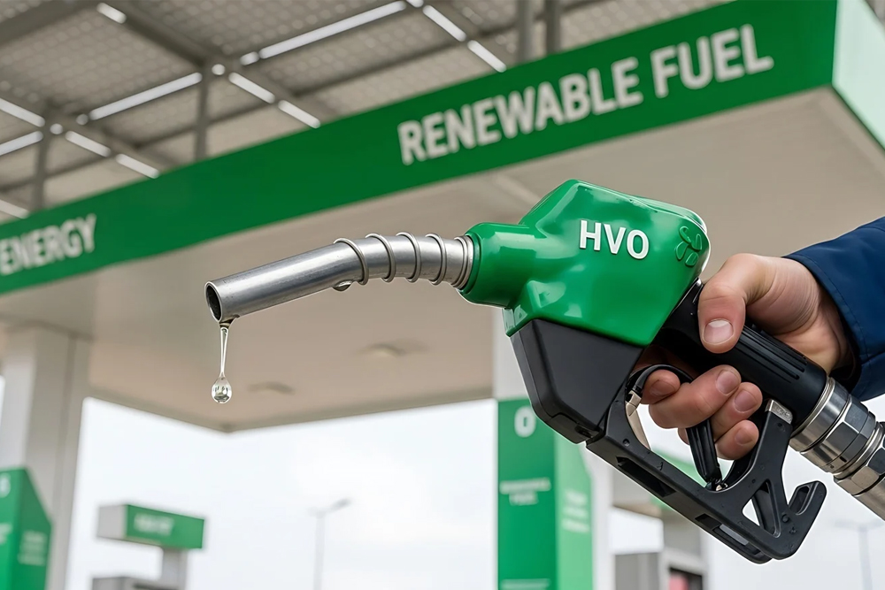 HVO-Zapfpistole an Tankstelle als Symbol für erneuerbare Kraftstoffe im Tankstellenangebot