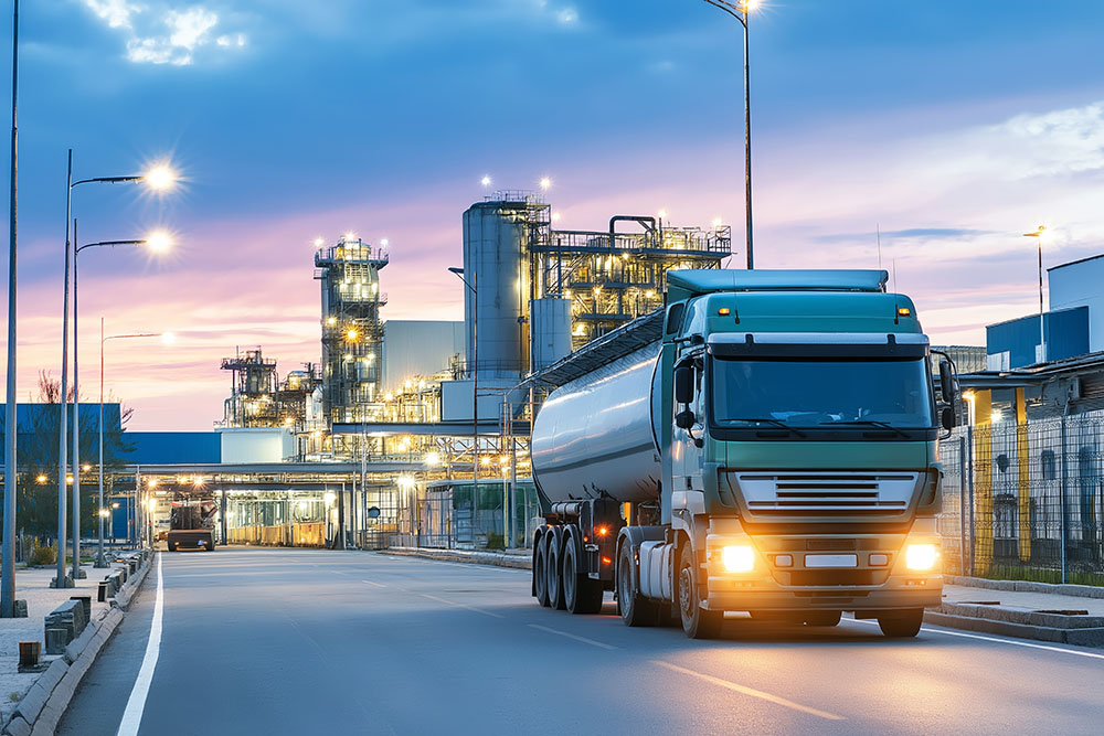 Tanklastzug fährt durch Raffinerieanlage zur Auslieferung von Diesel