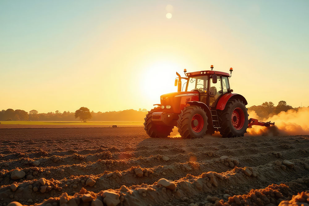 Traktor auf Feld bei Sonnenuntergang