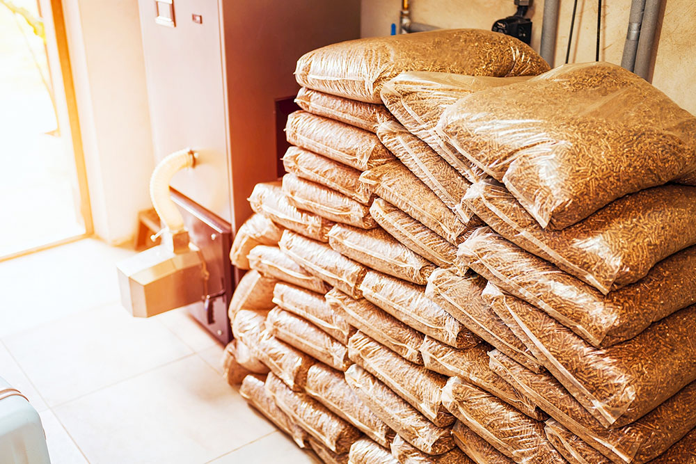 Bags stacked with pellets