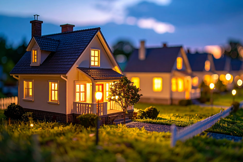 Settlement with detached houses at dusk